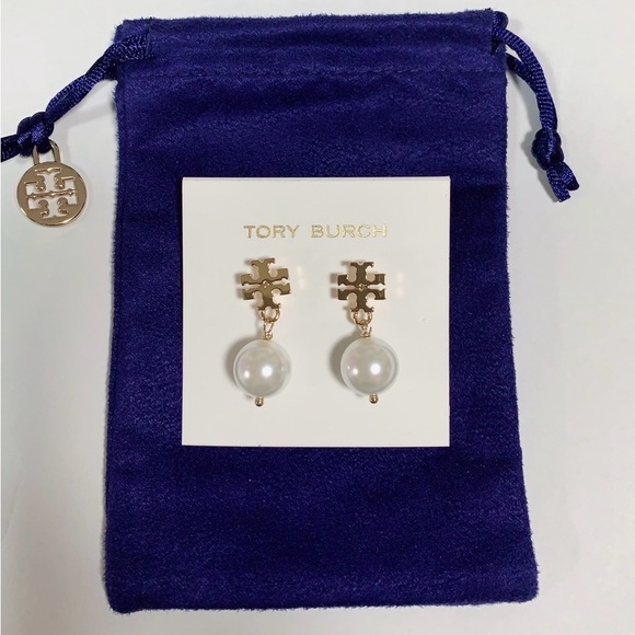 Tory Burch T-Logo Gold Pearl Drop Earrings New! - Picture 2 of 8